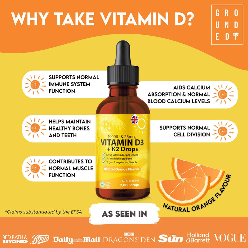 Grounded Vitamin D3 + K2 Liquid Drops 50ml | High Strength 4,000iu D3 with 25mcg K2 Formula | Natural Orange Flavour with 2000 Drops per Bottle | for Bones, Muscle & Immune Function | UK Made