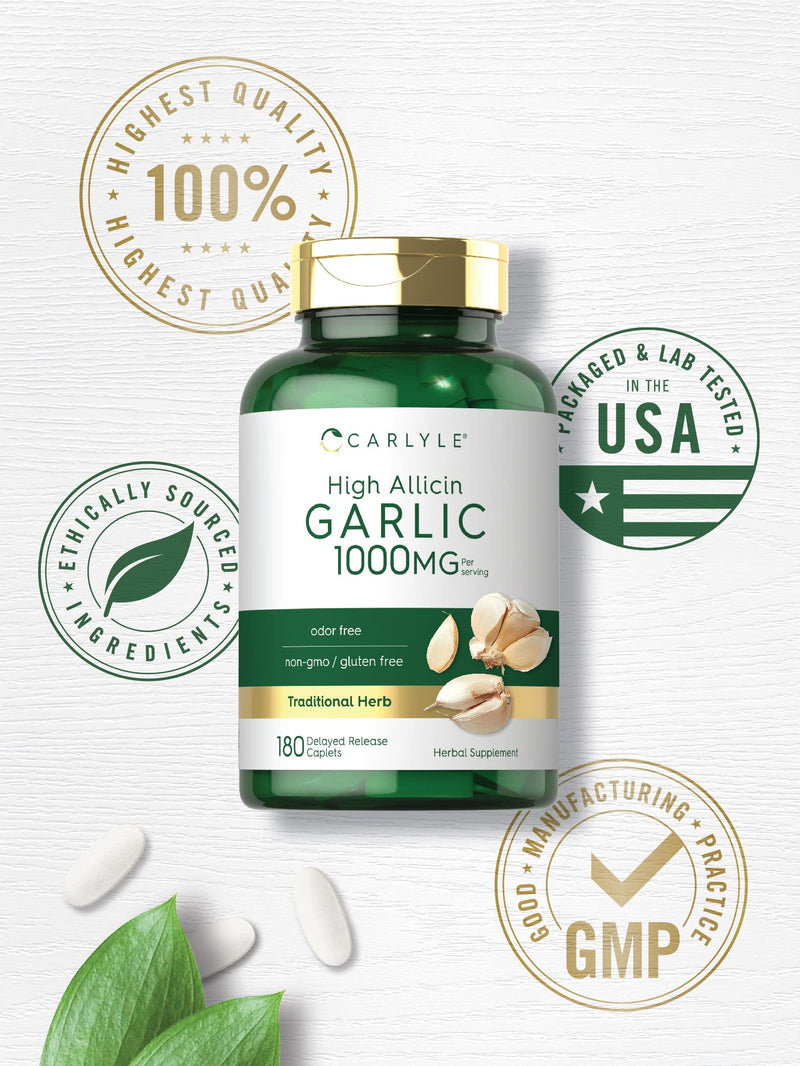 Carlyle Garlic Supplement with High Allicin | 180 Caplets | Odorless Garlic Pills | Vegetarian, Non-GMO, Gluten Free