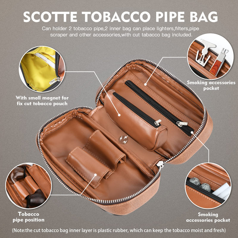 [Australia] - Scotte PU Leather Tobacco Smoking Wood Pipe Pouch case/Bag for 2 Tobacco Pipe and Other Accessories(Does not Include Pipes and Accessories) Brown 
