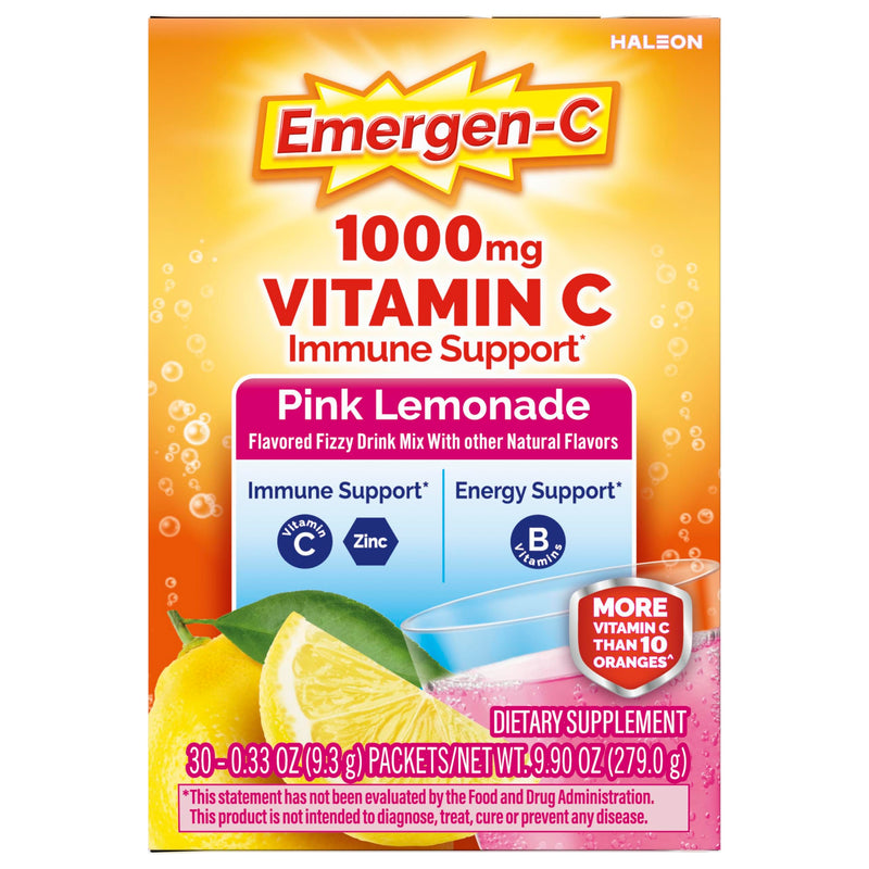Emergen-C 1000mg Vitamin C Immune Support Powder, Pink Lemonade, 30 ct | B Vitamins for Energy, Zinc and Manganese, Vitamin D, Electrolytes, Natural Pink Lemonade Flavor 9.9 Ounce (Pack of 1)