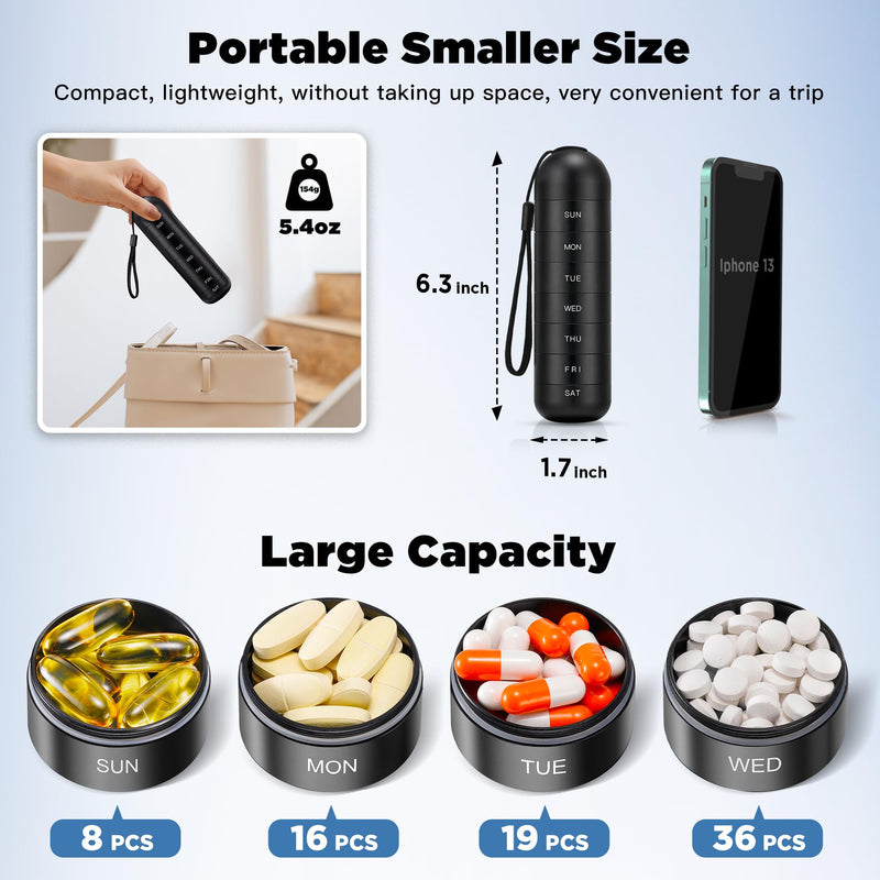 Zannaki Upgrade Large Metal Travel Pill Organizer, Waterproof Weekly Pill Box, Portable Aluminum Alloy Pill Case Container, BPA Free 7 Day Daily Medicine Organizer Holder for Vitamin,Pills,Supplement Black
