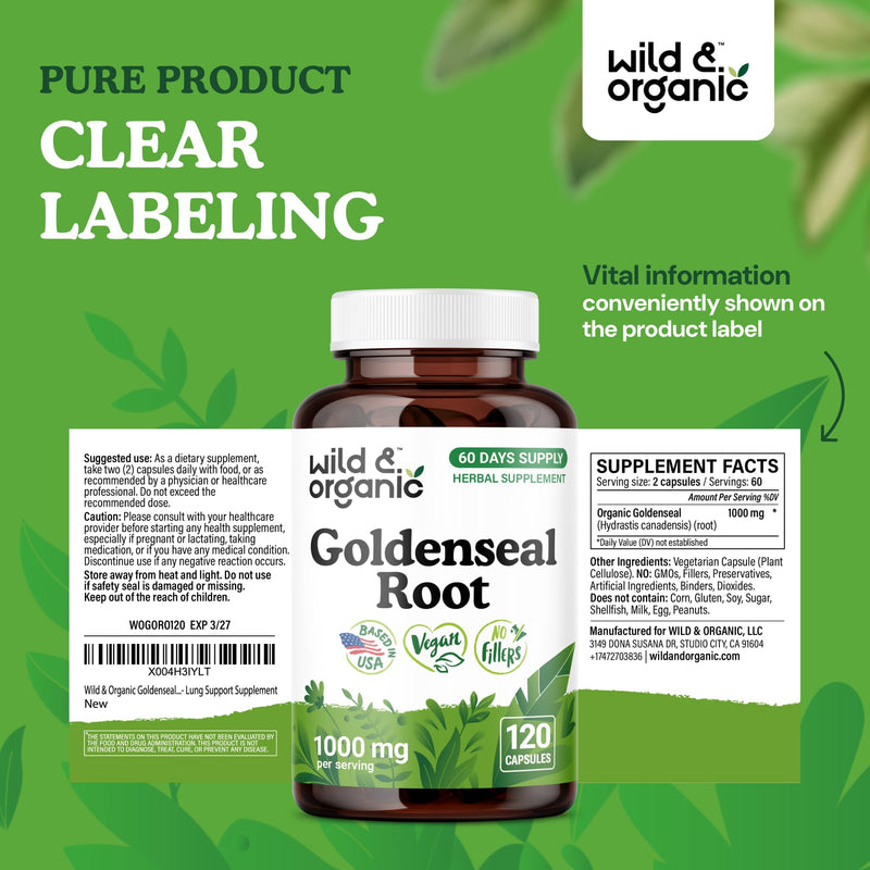 [Australia] - Wild & Organic Goldenseal Root Capsules 1000mg - Immune & Lung Support - 120 Goldenseal Powder Capsules - 2 Month Supply - Vegan, No Fillers, Non-GMO 