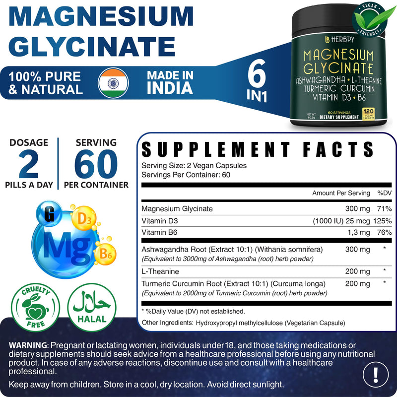 Herbpy Bundle 6in1 Magnesium Glycinate Supplement& 5in1 Ashwagandha Capsules