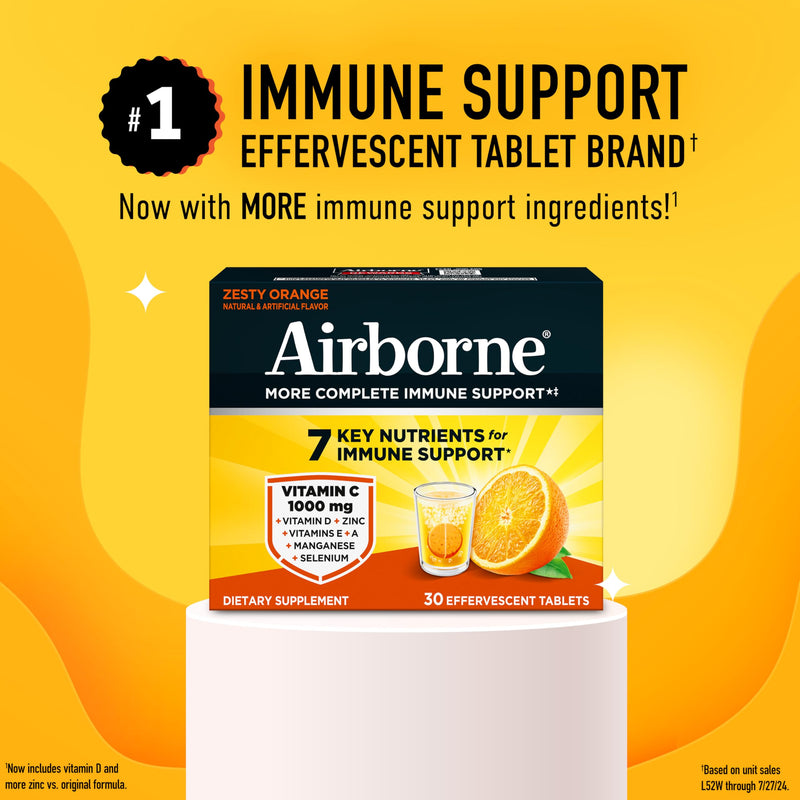 Airborne Immune Support Effervescent Tablets, Zesty Orange Flavor - 30ct with 1000mg Vitamin C + Vitamins A, D, E, Zinc, Selenium, Manganese & Herbal Blend - Sugar‑Free, Gluten‑Free Citrus 30 Count (Pack of 1)