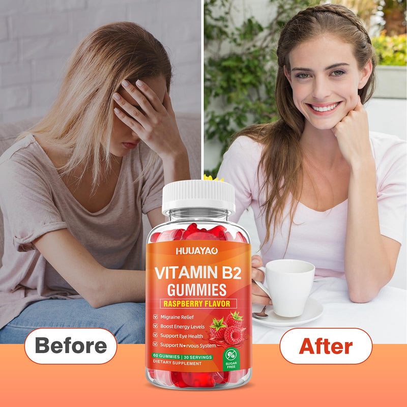 Vitamin B2 Gummies, Riboflavin Supplement with Magnesium for Kids & Adults, B2 Gummies for Migraine Relief & Nervous System Support, Vegan, Sugar-Free, Raspberry Flavor, 60 Count 60 Count (Pack of 1)