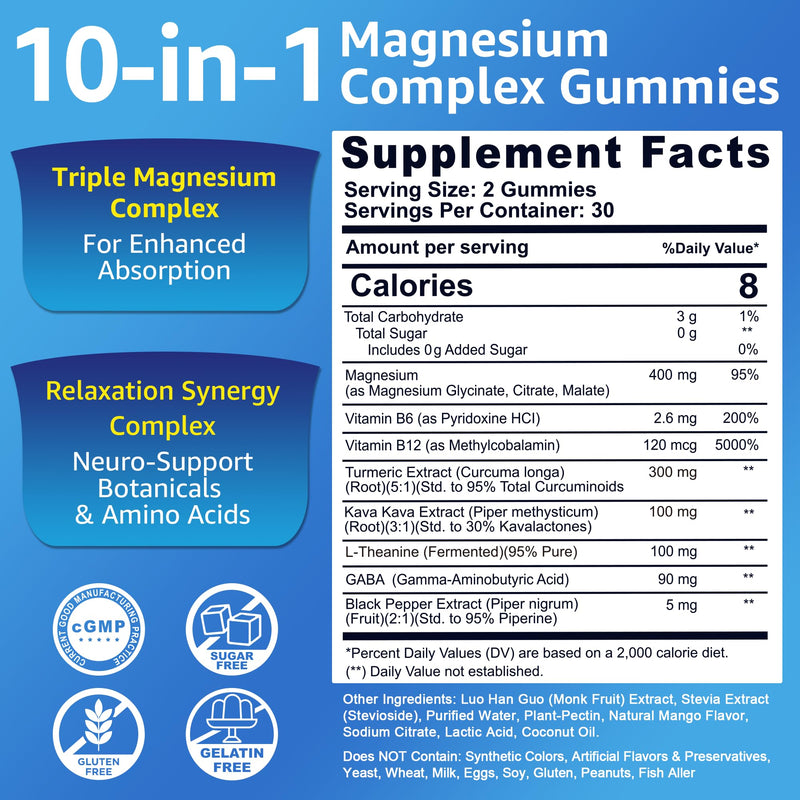 Magnesium Complex Gummies 400mg, Magneisum Glycinate Citrate Malate + Turmeric, GABA, B6 B12, Kava Kava, L-Theanine for Sleep, Calm, Relaxation, Energy, Magnesium Gummies for Women Men, Vegan, 60 Cts 60 Count (Pack of 1)