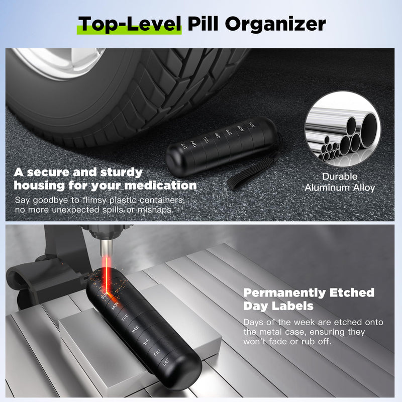 Zannaki Upgrade Large Metal Travel Pill Organizer, Waterproof Weekly Pill Box, Portable Aluminum Alloy Pill Case Container, BPA Free 7 Day Daily Medicine Organizer Holder for Vitamin,Pills,Supplement Black