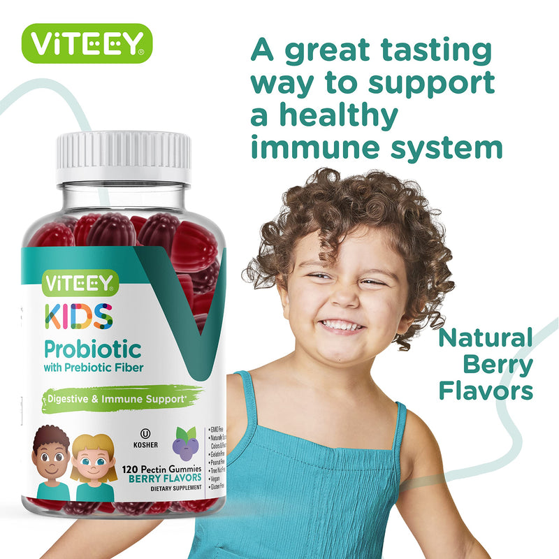 Viteey Probiotic Gummies for Kids Plus Prebiotics Fiber - 2 Billion CFUs | Digestive Health, Gut Health, Constipation Relief for Kids Support - Vegan, Gelatin Free - Chewable Probiotic Berry Flavored 120 Count (Pack of 1)