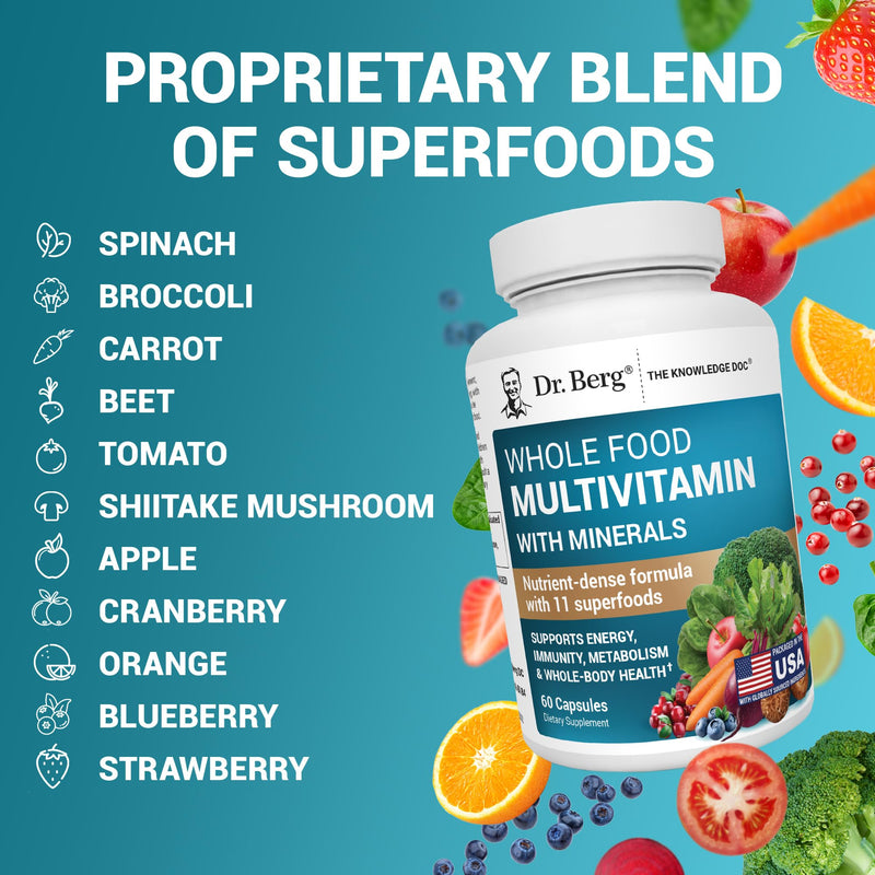 Dr. Berg Whole Food Multivitamin with Minerals - Daily Multivitamin for Men and Women - Includes Premium Whole Food Fruits and Vegetable Blend with Folate, Alpha-lipoic Acid and More - 60 Capsules Multivitamin & Mineral Support
