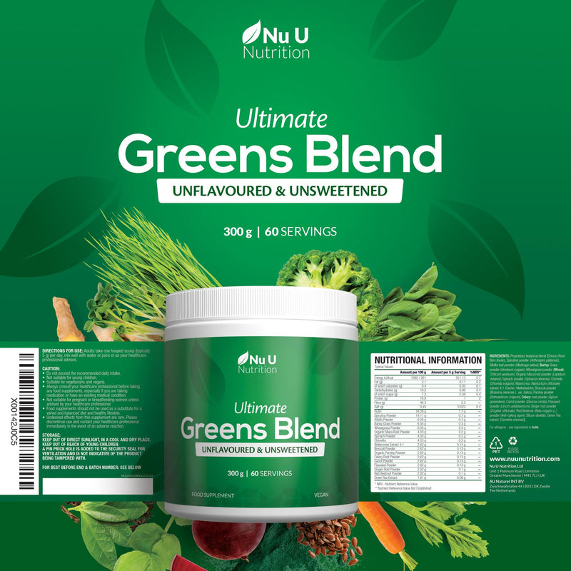 Nu U Nutrition - Greens Powder 300g - 17 Superfood Ingredients - 60 Servings - Unflavoured, Unsweetened - Ultimate Greens Blend with Maca, Beetroot & Inulin - 100% Vegan - Made in the UK