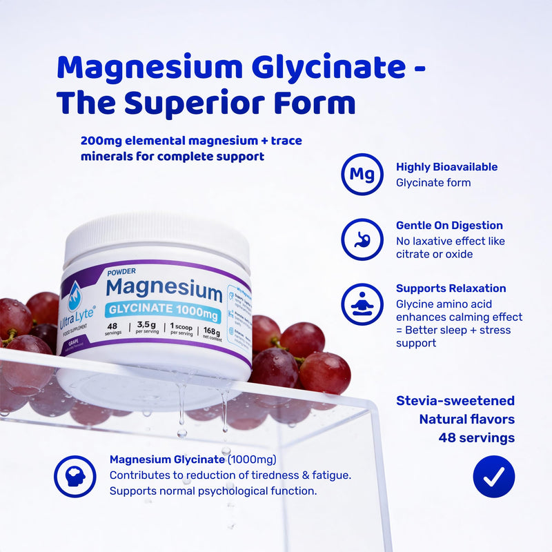 Ultra Lyte Magnesium Glycinate Powder with Trace Minerals 180g – Vegan & Gluten-Free Flavoured Magnesium Supplement – for Sleep Aid, Stress Relief & Muscle Relaxation – 60 Servings (180g, Grape) 180 g (Pack of 1)