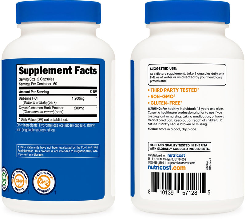 [Australia] - Nutricost Berberine HCl with Ceylon Cinnamon Capsules (120 Capsules, 60 Servings) - Non-GMO, Animal-Free Product 