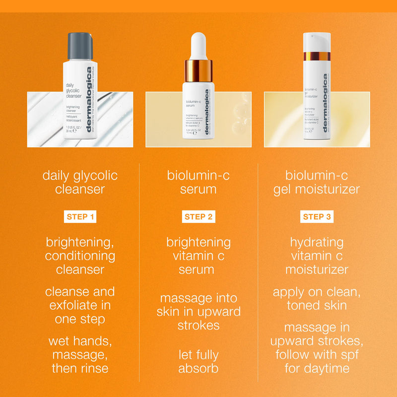 Dermalogica Daily Brightness Boosters, Vitamin C Brightening Skincare Kit | Brightens Dull Skin and Evens Tone, 3-Piece Vitamin C Kit with Glycolic Cleanser, BioLumin-C Serum, and Gel Moisturizer