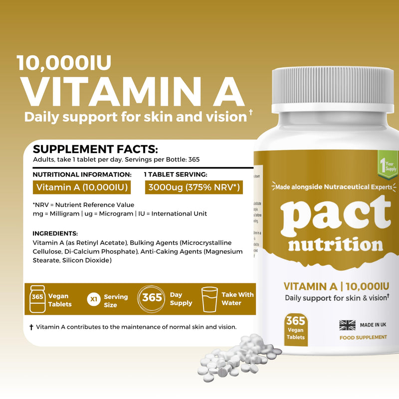 Vitamin A 10,000 IU – 365 Easy to Swallow Tablets (1 Year Supply) - High Strength Vitamin A Supplement for Normal Skin, Vision, Eyes & Immune System – Vegan