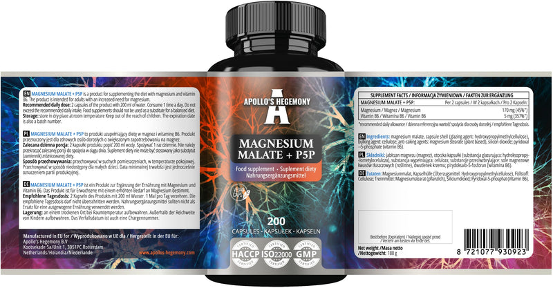Magnesium Malate 1400 mg per Portion + Vitamin B6 (P-5-P) - 200 Vegan Capsules - 3 Month Supply - Magnesium Malate + Pyridoxal-5-Phosphate - Support Muscle and Bone Health - by Apollo's Hegemony
