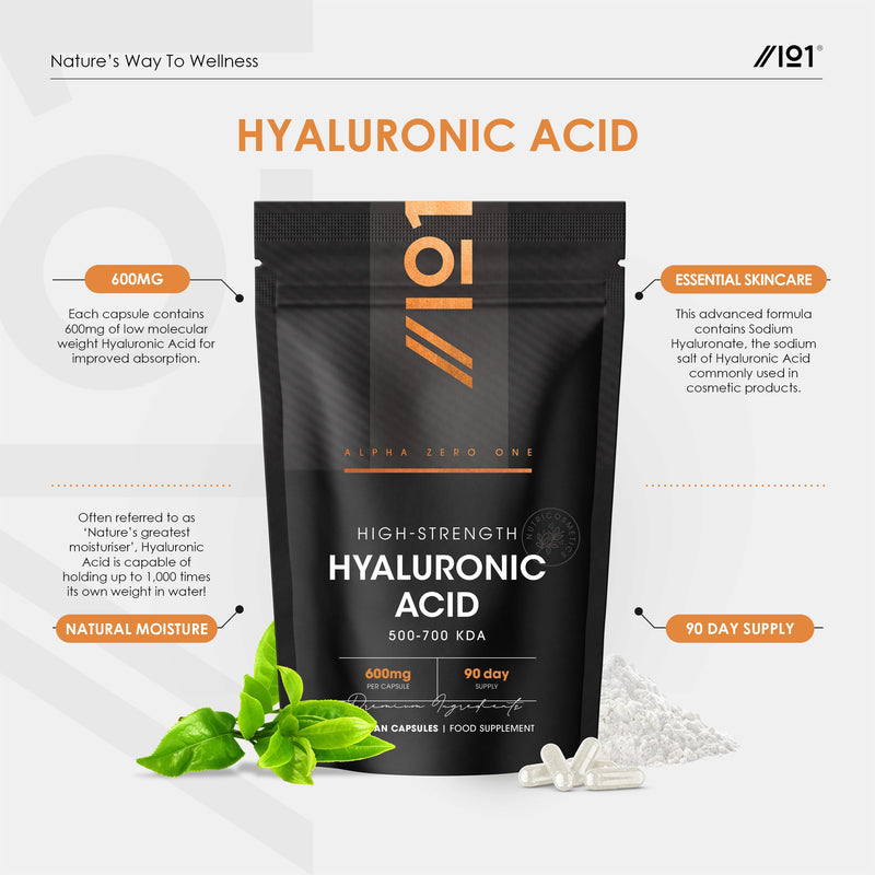 Hyaluronic Acid Supplement 600mg (500-700 KDA) - 90 Vegan Triple Strength Hyaluronic Acid Capsules - 3 Month Supply - Natural Skin, Hair & Joint Supplement for Women & Men - Superior Absorption 1 count (Pack of 90)