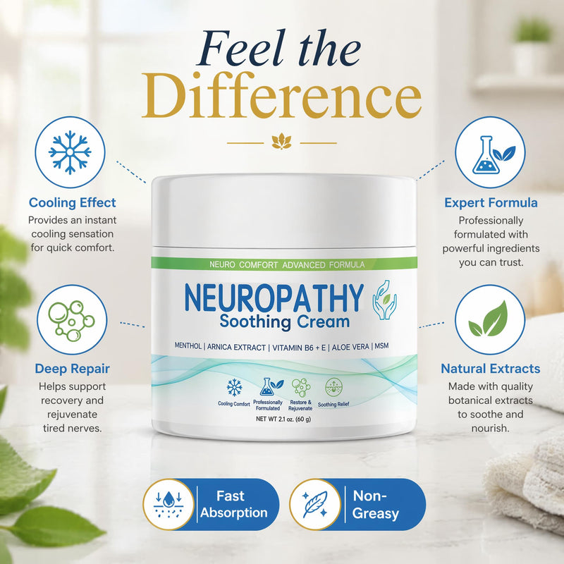 Neuropathy Soothing Cream - Nerve Relief Cream with Menthol, Arnica Extract, Vitamin B6 & E, Aloe Vera, MSM for Feet, Hands, Legs, 2.1 oz