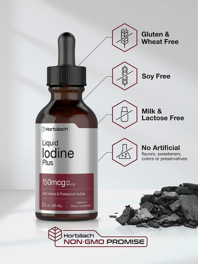 Horbäach Liquid Iodine Solution Drops | 2 fl oz | 150 mcg | Iodine & Potassium Iodide Supplement | Vegetarian, Non-GMO, Gluten Free Liquid Tincture