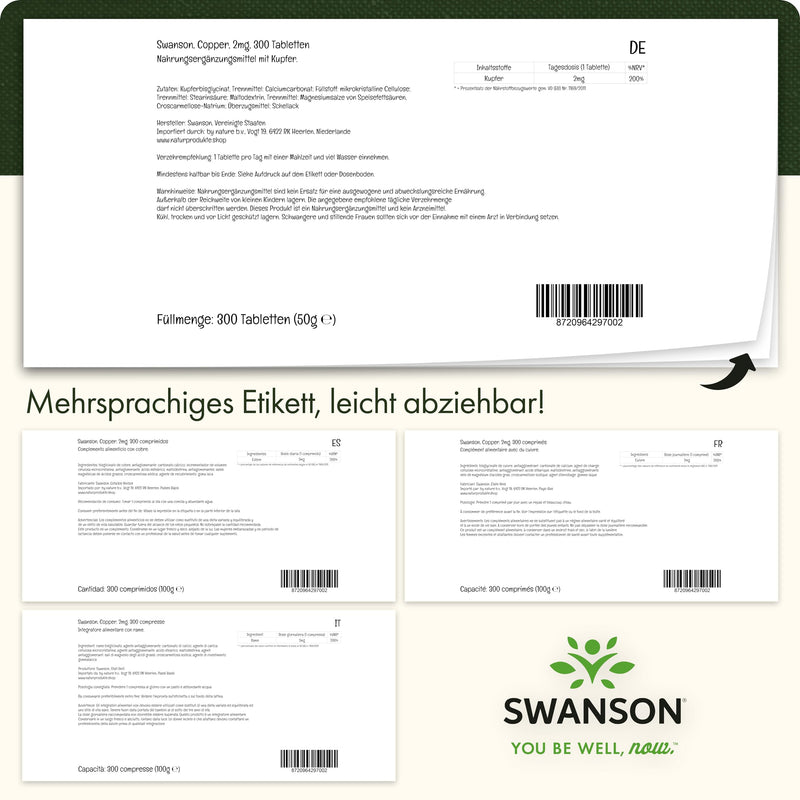[Australia] - Swanson, Copper, 2mg copper, copper bisglycinate, 300 tablets, high dosage, laboratory tested, soy-free, gluten-free, non-GMO 