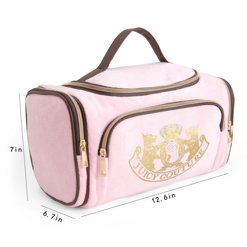 Juicy Couture Pink Makeup Bag Cosmetics Organizer Velour Gold Terrier Dog Rhinestone Crown Set