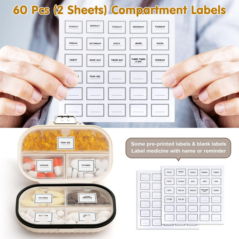 [2 Pack] Zannaki Pill Case Portable Small Weekly Travel Pill Organizer, Cute Moisture Proof Pill Box Holder for Purse, Daily Mini Pocket Pharmacy Medicine Container for Vitamin, Fish Oil, Supplement Beige/Large-2 Pack