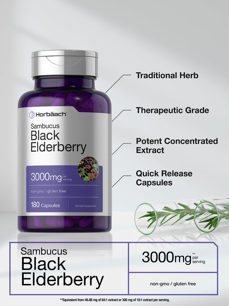 Horbäach Black Elderberry | 3000mg Capsules | 180 Count | Non-GMO, Gluten Free | Sambucus Extract Supplement