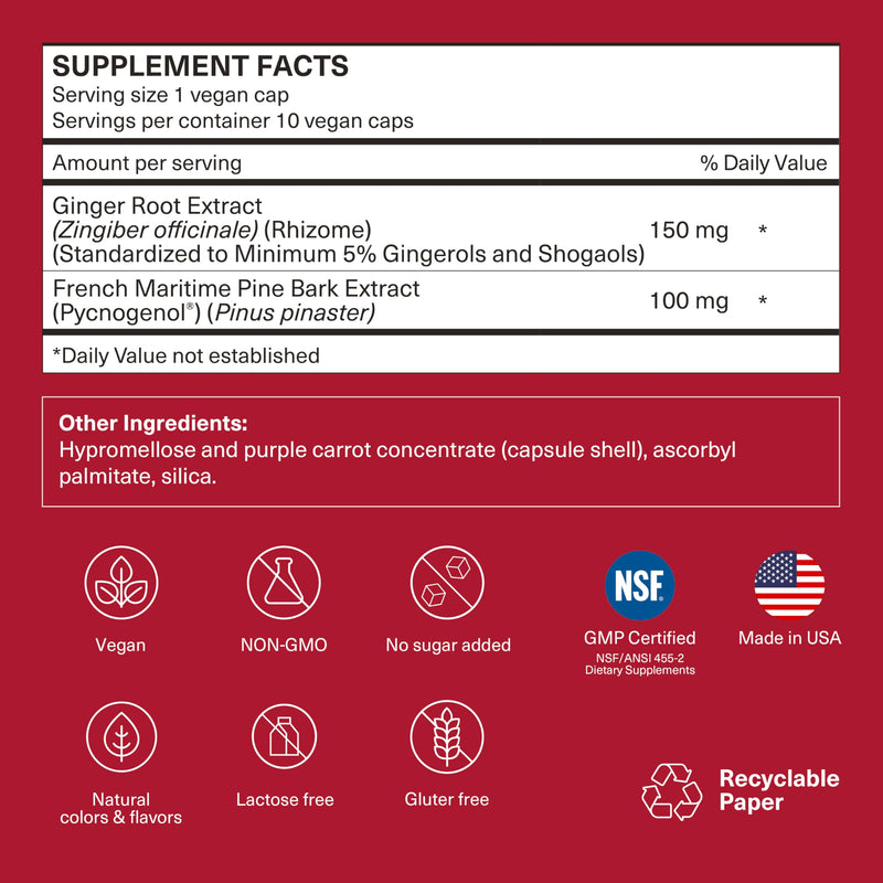 [Australia] - Long-Haul Circulation Relieves Leg Discomfort, Reduces Swollen Feet, Legs, Ankles from Prolonged Sitting, Travel Essentials, Pycnogenol 100mg, Ginger Extract, 10 Servings (Veg Caps) 10 Count (Pack of 1) 