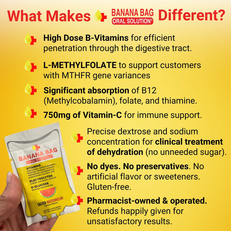 Banana Bag Electrolytes Vitamin Powder Drink Mix, Salted Watermelon 15 Pk | IV-level hydration powder packets w/ Electrolytes + Vitamin C & B-complex. Fast rehydration after exercise & alcohol recovery