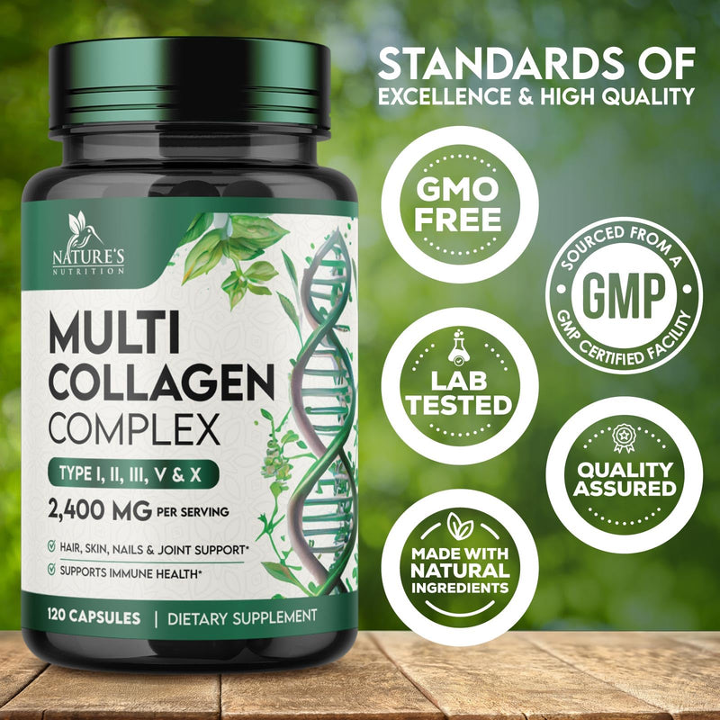 Multi Collagen Pills - Hydrolyzed Collagen Peptides Capsules for Women & Men - Types I, II, III, V, X Multi Collagen Complex - Hair, Skin & Nails Support Supplement - Bottled in the USA - 120 Capsules 120 Count (Pack of 1)