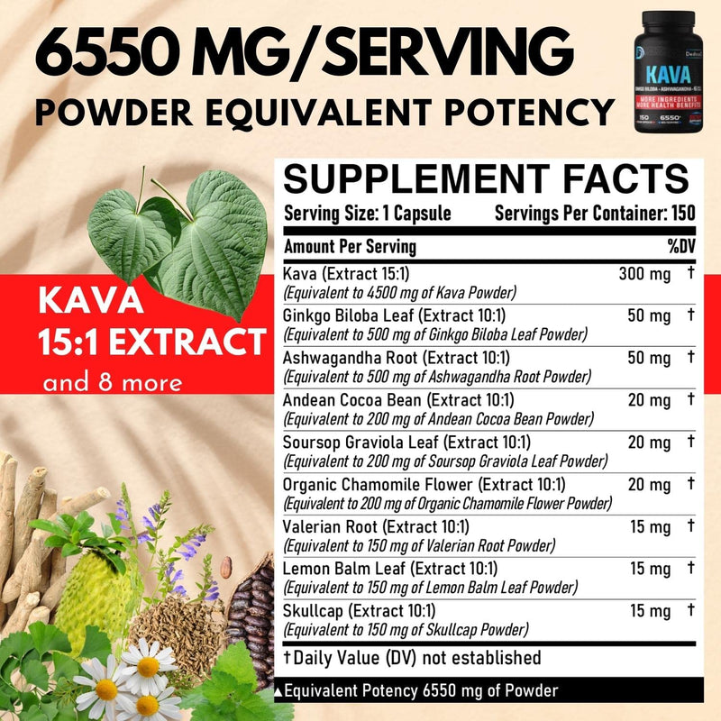 [Australia] - 9in1 Kava Kava Capsules 5-Month Supply 6550mg 15:1 Extract for Sleep, Mind & Immune Support - 9 Natural Herbs includes Ginkgo, Ashwagandha, Graviola, Valerian & more - 150 Vegan Capsules 