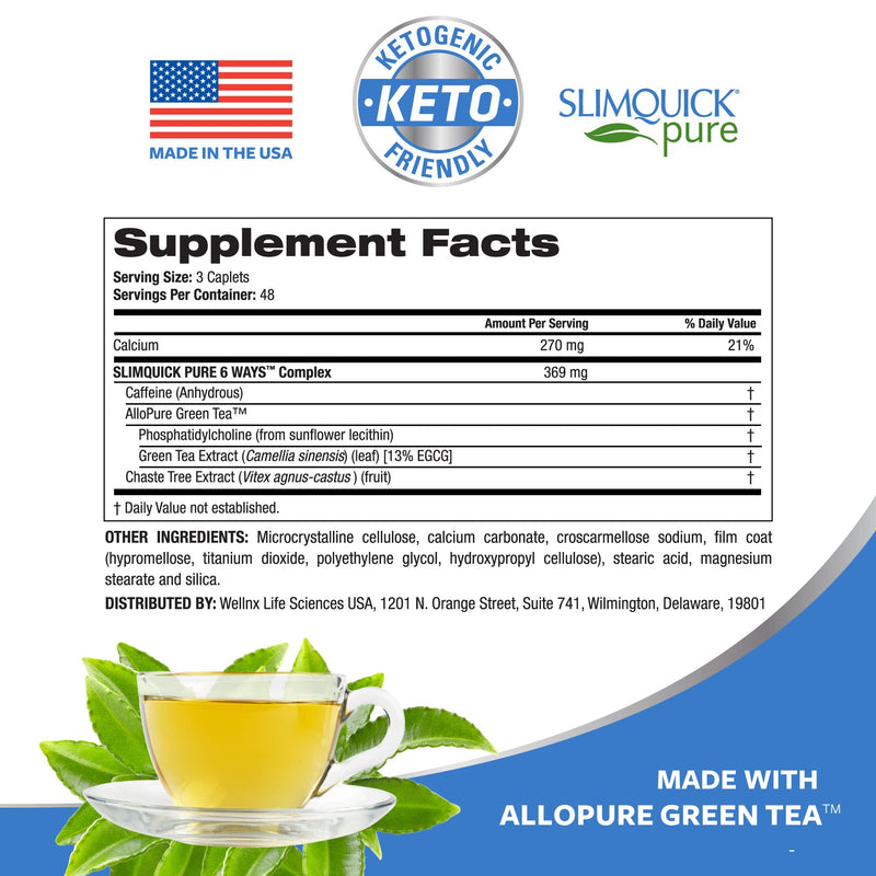 [Australia] - Slimquick Pure 3x Regular Strength Pills for Women to Help Achieve Weight Goals, Helps Metabolism, Lose Excess Water, Keeps Full for Longer with AlloPure Green Tea, Caffine, Caste Tree - 2x72 Capsules 