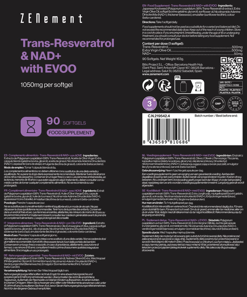 Trans-Resveratrol & NAD+ with Extra Virgin Olive Oil, 1055mg per Softgel - High Absorption and Synergistic Formula - 90 Softgels for 3 Months, Anti-Ageing and Sirtuin Activator - Zenement