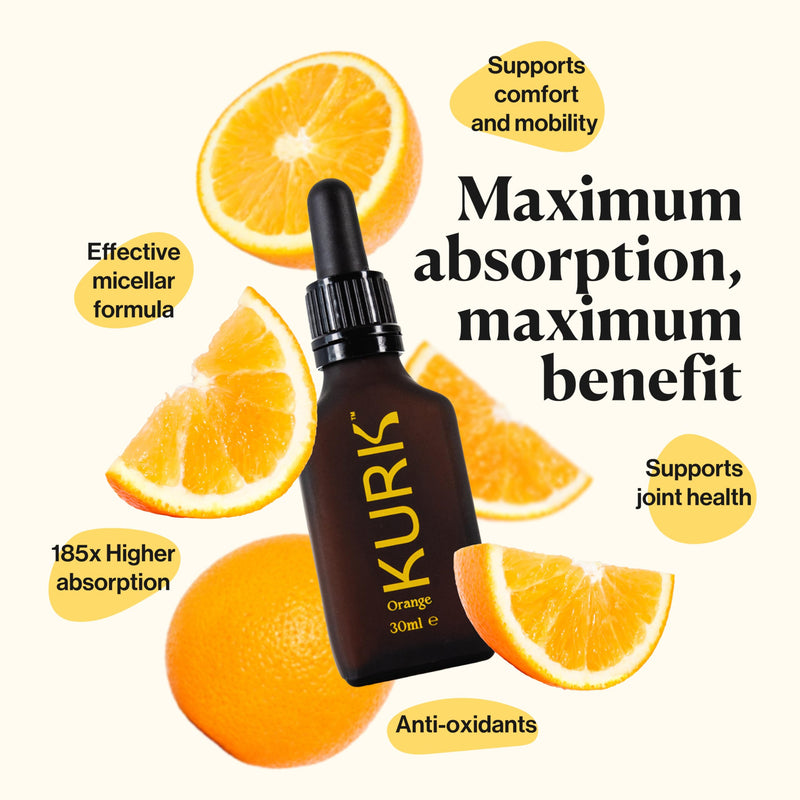 KURK Essential Liquid Turmeric Supplement, Turmeric Curcumin Drops, Oil for Advanced Everyday Wellness, Focus & Energy, 185x More Absorbable Than Powders, Plant-Based (Orange) (30ml) Orange 30 ml (Pack of 1)