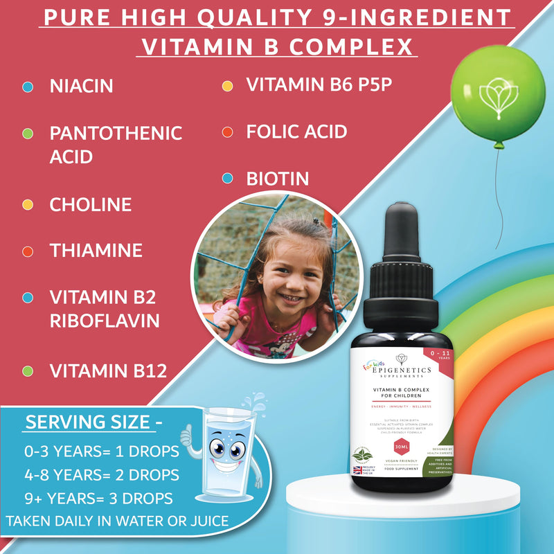 Vitamin B Complex for Children 30ml | 9 B Vitamins Supplement from Birth 0-11 Years | Newborn Baby Kids Sugar Free UK Made Vegetarian Liquid | Long Suppy. 1 Drop Daily