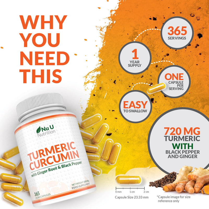 Turmeric and Black Pepper with Ginger Complex - 365 Vegan Capsules - 1 Year Supply - Tumeric Supplement Joints - High Strength Curcumin 95% Extract - Nu U Nutrition