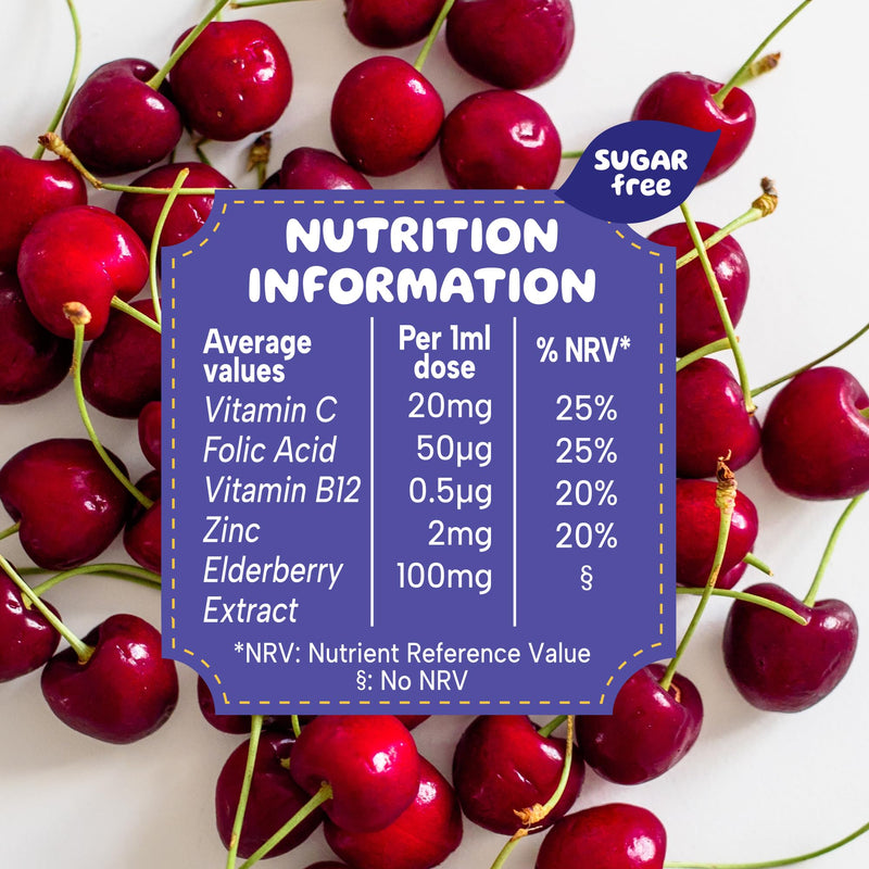 MinaKIDS Immune Defence Drops - Yummy Cherry Flavoured Liquid Supplement for Babies and Children with Elderberry, Zinc, Vitamin C & B12 and Folic Acid, Sugar-Free, Vegan, 60ml