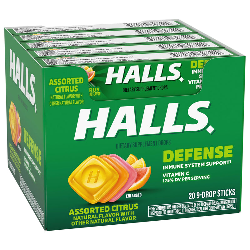 HALLS Defense Assorted Citrus Vitamin C Dietary Supplement Drops, 180 ct | Throat Drops, 20 Sticks of 9 180 Ounce (Pack of 1)