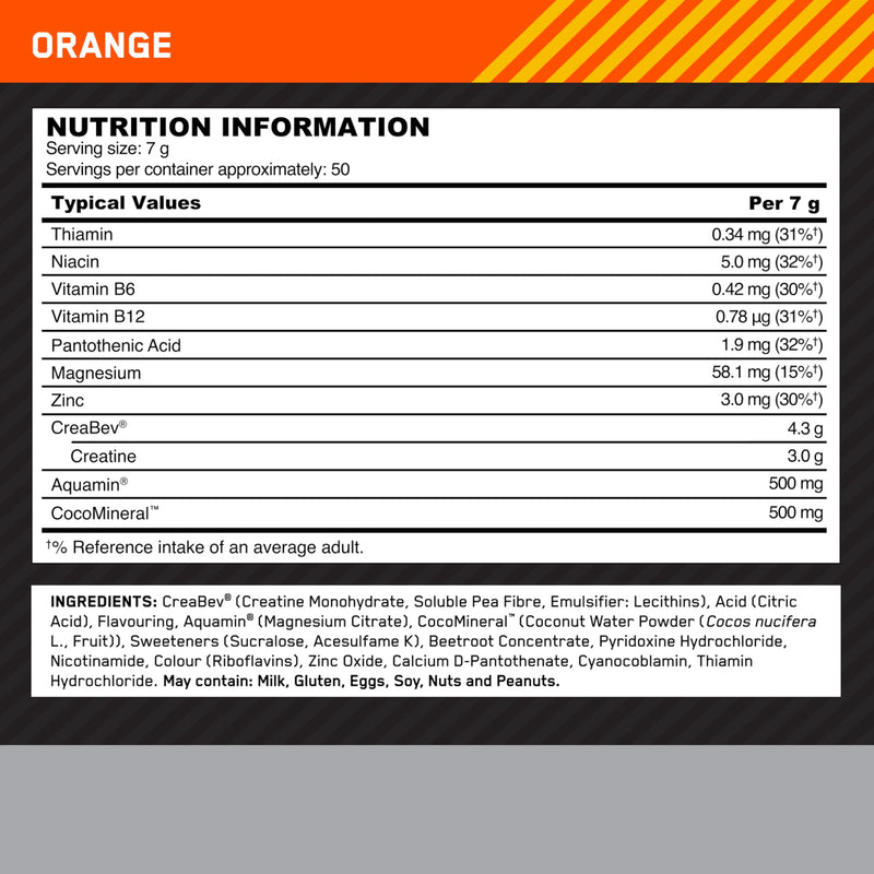 Optimum Nutrition Platinum Creatine Plus, Advanced Food Supplement to Increase Power and Performance, with Aquamin Magnesium for Electrolyte Balance, Orange Flavour, 50 Servings, 350 g