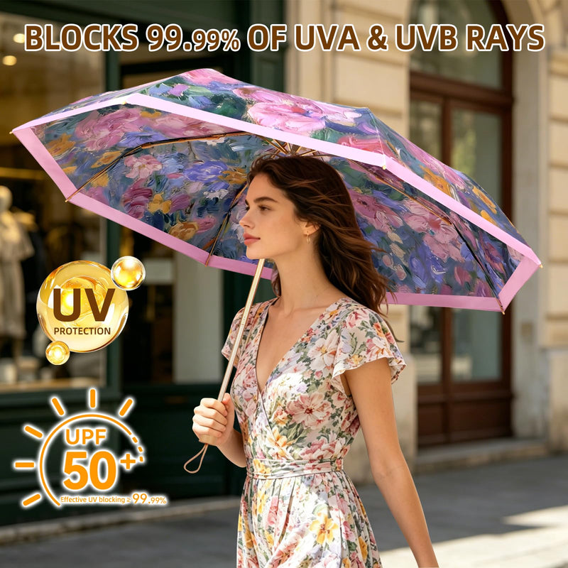 Elegant Double Layer Classical Floral Oil Painting Folding Umbrella for Women Windproof Rain & Sun UV Protection Parasol with Cover Blush of the Rose Briar