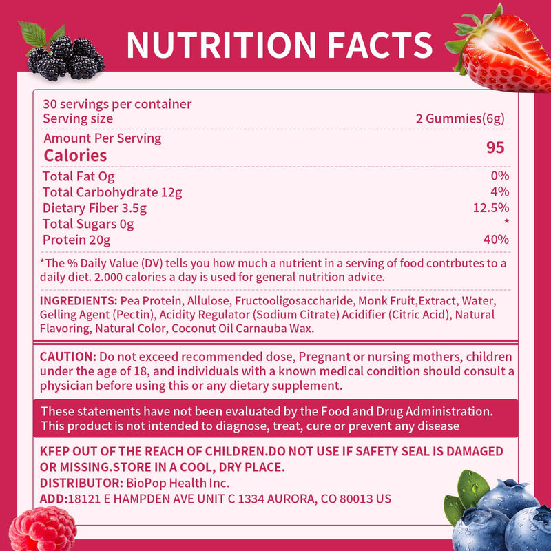 Protein Gummies for Women & Men, 20g Protein per Serving, Supports Healthy Hair Skin Nails & Energy, Vegan, Zero Sugar, Mixed Berries Flavor, 60 Gummies