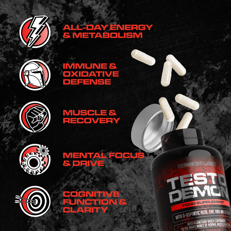 Testo Demon – Zinc & Amino Acid Complex with Maca, B-Vitamins & Botanical Extracts – 120 Capsules for Men