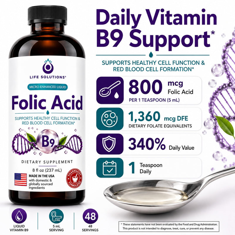 Life Solutions Liquid Vitamin B9 Folic Acid 800mcg Berry - 8oz | 800 mcg Liquid Vitamin B9 (Folic Acid) Berry Flavor – Fast absorption for prenatal, heart & brain support