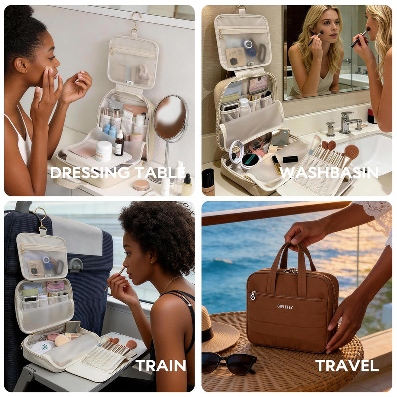 GIVLEFLY Luxury Hanging Makeup Bag for Women, Large 4-Layer Foldable Waterproof Cosmetic & Skincare Organizer with Handle, Fits Suitcase & Train Seat for Travel（beige） Beige
