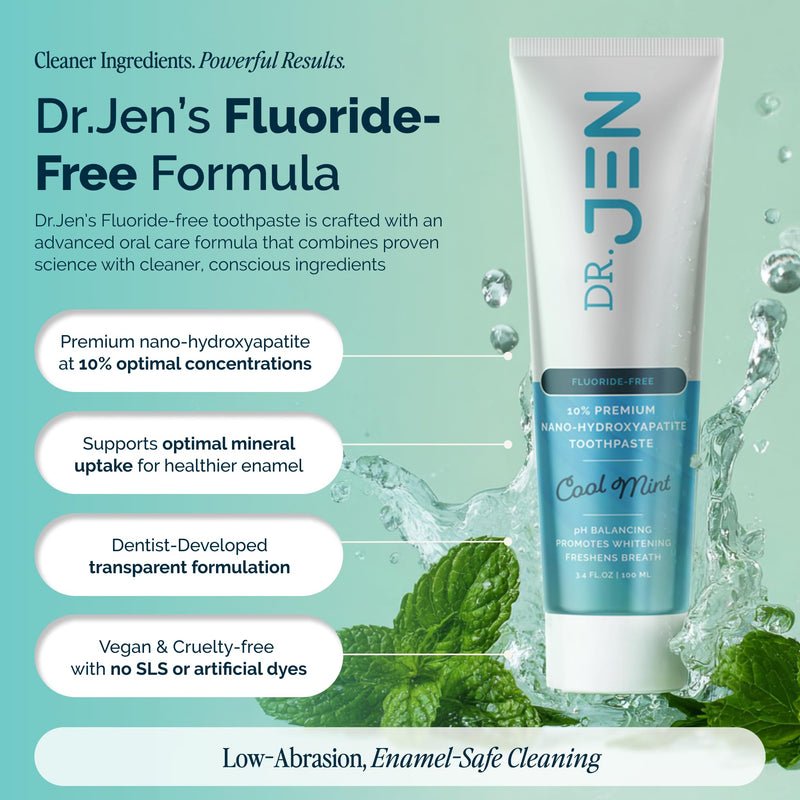 Dr. Jen Fluoride Free Toothpaste with 10% Premium Nano Hydroxyapatite | Infused with Xylitol and Glycerin, Remineralizing Daily Oral Care for Sensitive Teeth, Travel Essentials, Cool Mint, 1 Pack 3.4 Ounce (Pack of 1)