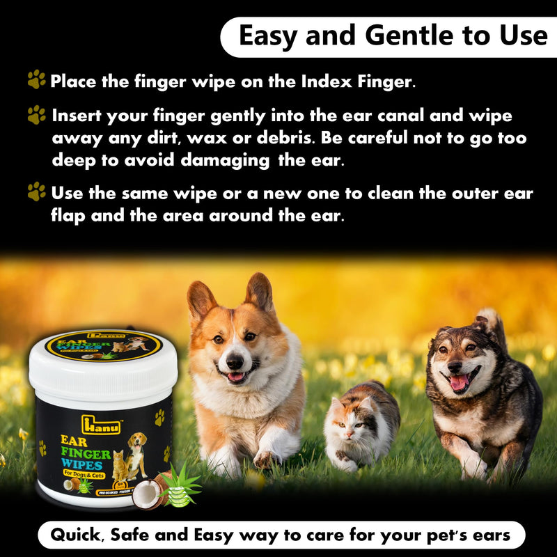 Hanu Ear Finger Wipes for Dogs & Cats Gently Remove Dirt, Wax & Debris - Relieve Ear Itching & Discomfort, Sooths & Deodorizes - All Natural Ingredients - Vet Recommended - 50 Count - PawsPlanet Australia