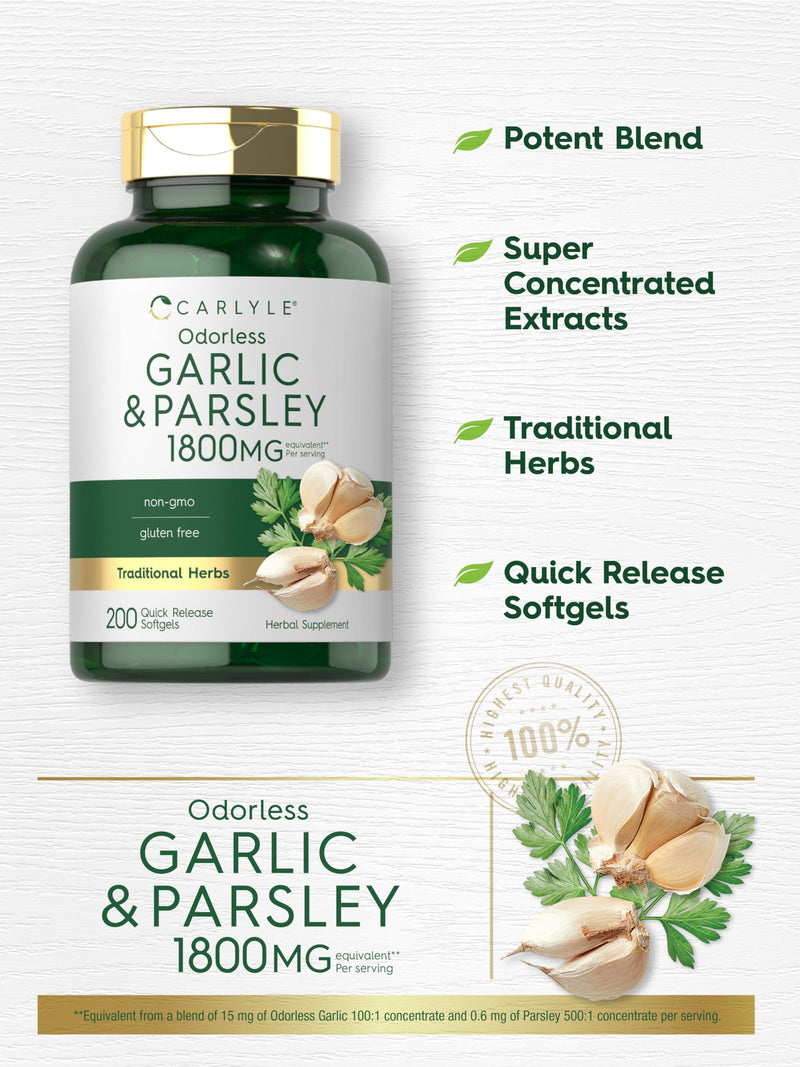 Carlyle Odorless Garlic & Parsley 1800mg | 200 Softgels | Non-GMO, Gluten Free Supplement 200 Count (Pack of 1)