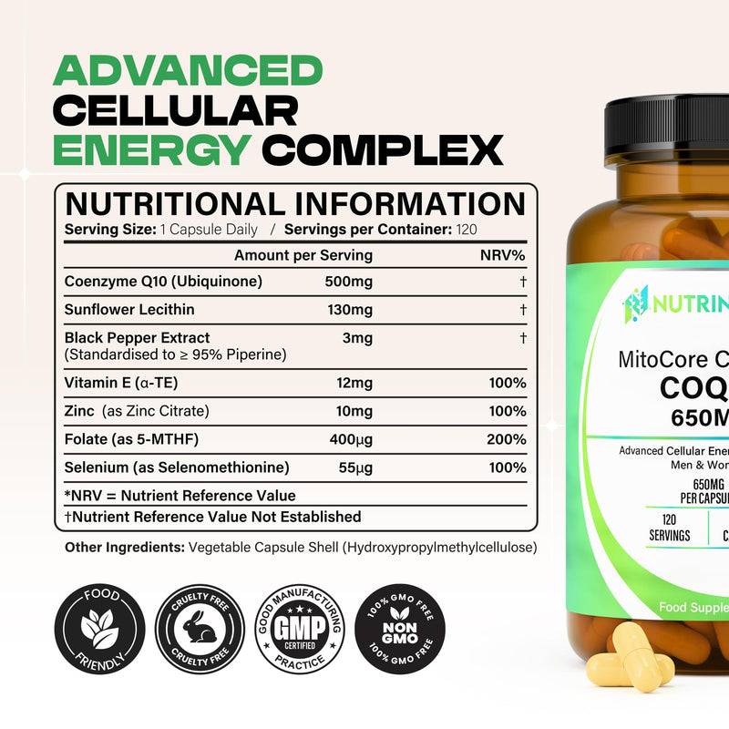 CoQ10 Supplement 650mg Complex–500mg CoQ10 Ubiquinone Coenzyme Q10 with Zinc, Folate & Selenium–120 Capsules for Men & Women, Fertility & Cellular Energy Support–Lab Tested