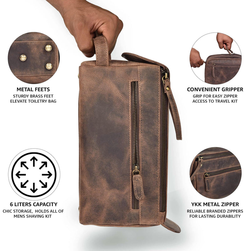 Full Grain Leather Toiletry Bag for Men & Women – Water-Resistant Travel Shaving Kit Organizer with YKK Zipper, Spacious Bathroom Grooming & Cosmetic Storage Case - Walnut Brown Distressed Brown