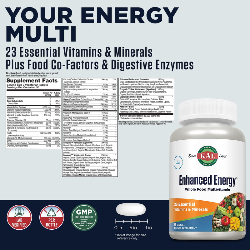 Kal Enhanced Energy, 90 Count | Cellular Energy & Daily Wellness Support, 23 Vitamins, Minerals, Superfoods & Digestive Enzymes, 30 Servings, Lab Verified