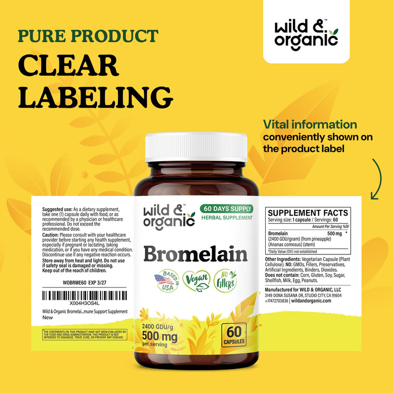 [Australia] - Wild & Organic Bromelain 500 mg Capsules - Digestive Support - Bromelain Powder Supplement - Pineapple Enzyme Source - Vegan, No Fillers, Non-GMO - 60 Count 